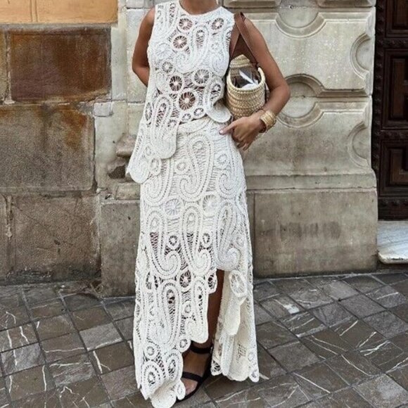 ZARA ASYMMETRIC CROCHET STRAW KNIT TOP SKIRT SET SIZE MEDIUM PRELOVED - Picture 1 of 3